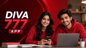 Featured image for the Diva 777 App guide showing a young Indian woman and man using a smartphone and laptop in a modern red-themed workspace, representing a beginner-friendly mobile app overview.