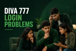 Four Indian Gen Z adults discussing login difficulties beside the title “Diva 777 Login Problems” on a dark green background.