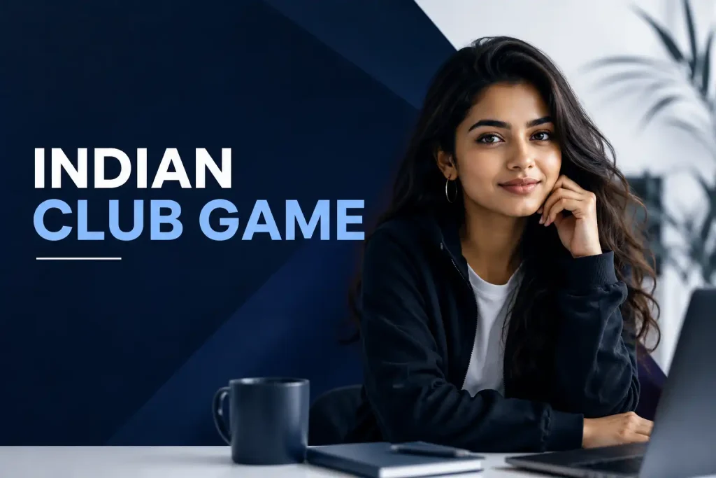 Featured image showing a young Indian Gen Z woman seated at a modern desk beside the title “Indian Club Game” in a clean black, white, and dark blue editorial design.