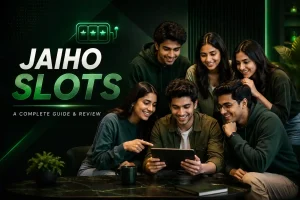Six Indian Gen Z adults gathered around a tablet in a modern dark green lounge, representing the Jaiho Slots platform in a clean editorial style. The scene features realistic lighting, premium design elements, subtle green neon accents, and the title “JAIHO SLOTS” displayed prominently, conveying a technology-focused gaming app review without gambling symbols, cards, coins, or promotional imagery.