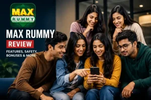 Featured image for Max Rummy Review showing a diverse group of three Indian women and two Indian men from Gen Z gathered around a smartphone in a modern office lounge. The image highlights a professional and trustworthy review theme with the text “Max Rummy Review – Features, Safety, Bonuses & More” displayed on the left side.