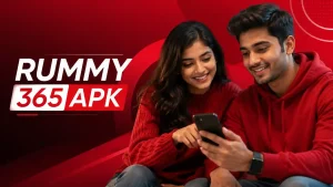Two young Indian adults smiling while viewing a smartphone beside the text “Rummy 365 APK” on a modern red-themed background.