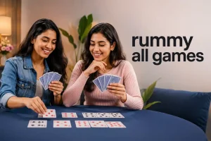 Two young Indian women playing rummy together at a table, with the text “rummy all games” displayed on the right.