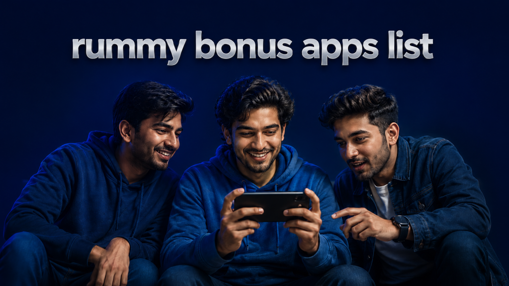 Rummy bonus apps list featuring three young Indian men viewing a mobile game together against a dark blue background.