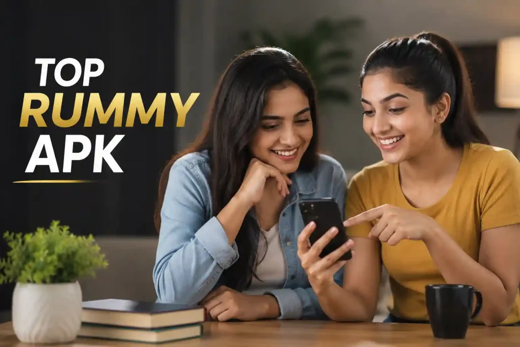 Two Gen Z women reviewing Top Rummy APK information on a smartphone in a modern indoor setting.