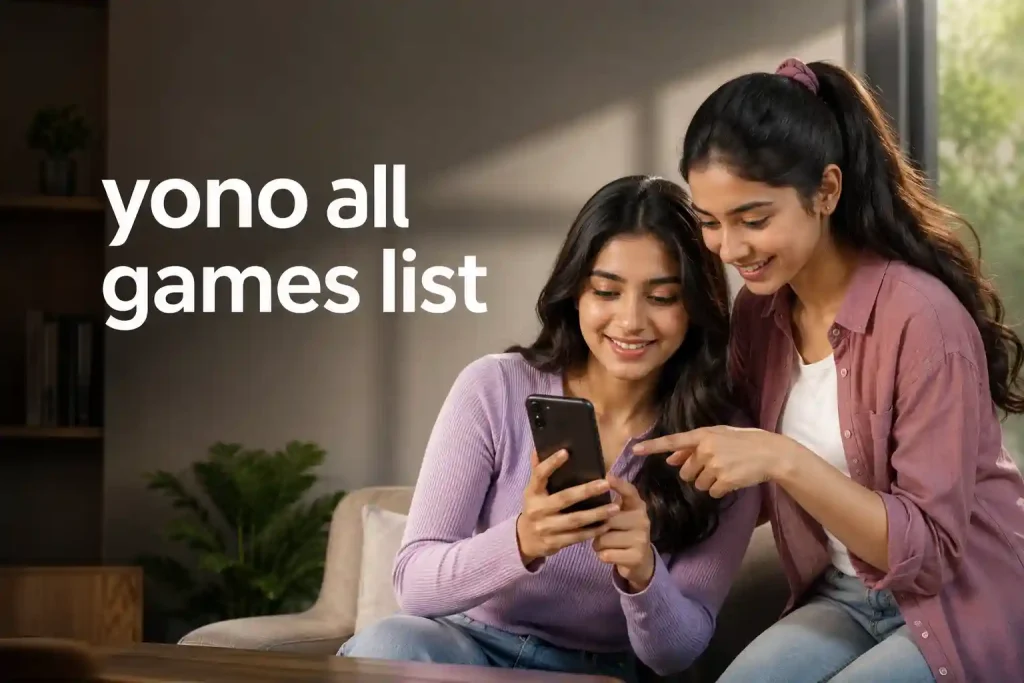 Two young Indian women browsing a smartphone beside the text “Yono All Games List” in a clean, modern setting.