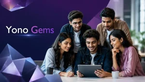 Featured image for Yono Gems showing five Indian Gen Z adults—two women and three men—gathered around a tablet in a modern office setting, with purple gem-inspired graphics and the text “Yono Gems.”