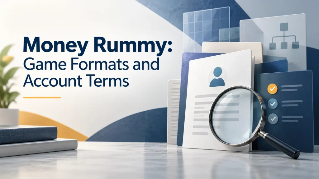 Featured image titled “Money Rummy: Game Formats and Account Terms” above grouped wooden shapes and a simple laptop diagram.