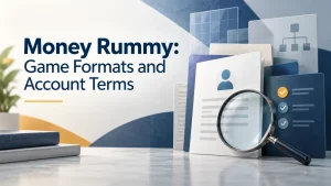 Featured image titled “Money Rummy: Game Formats and Account Terms” above grouped wooden shapes and a simple laptop diagram.