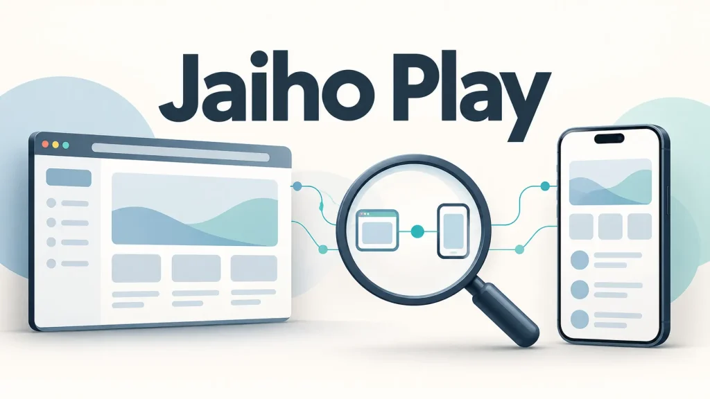 Jaiho Play heading above a browser window and smartphone linked through a magnifying glass.