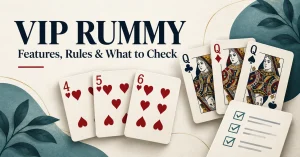 Heart cards numbered 4, 5, and 6 beside three queens and a checklist under the VIP Rummy heading.